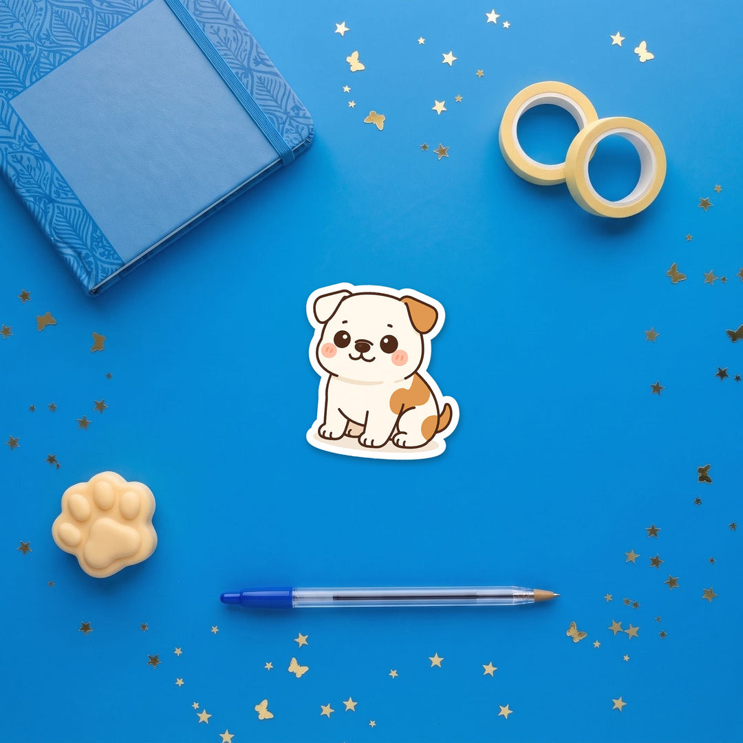 American Bulldog White with Red Markings kawaii 3 inch sticker flat lay with blue and yellow stationery – Designs by Mysh