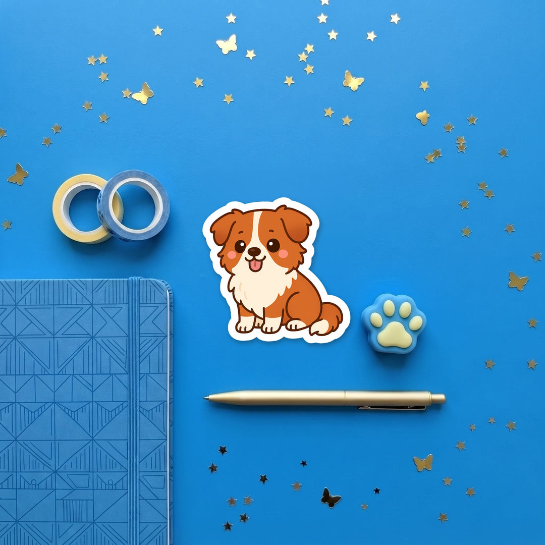 Australian Shepherd Red and White kawaii 3 inch sticker flat lay with blue and yellow stationery – Designs by Mysh
