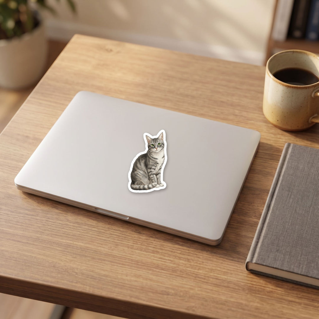 American Shorthair Gray Tabby watercolor vinyl sticker on a laptop lid – Designs by Mysh