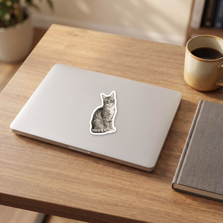 American Shorthair Gray Tabby watercolor vinyl sticker on a laptop lid – Designs by Mysh