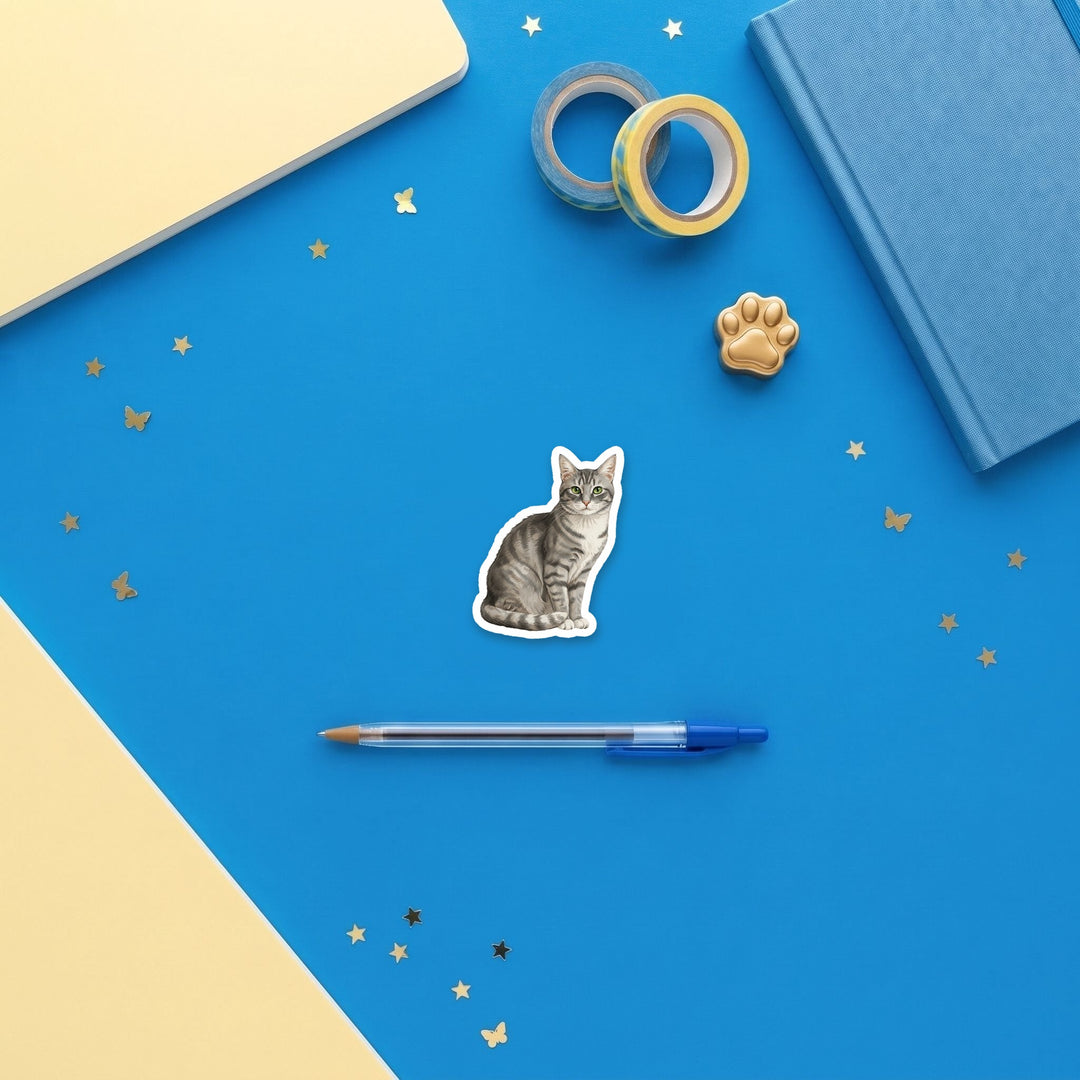 American Shorthair Gray Tabby watercolor 3 inch sticker flat lay with blue and yellow stationery – Designs by Mysh