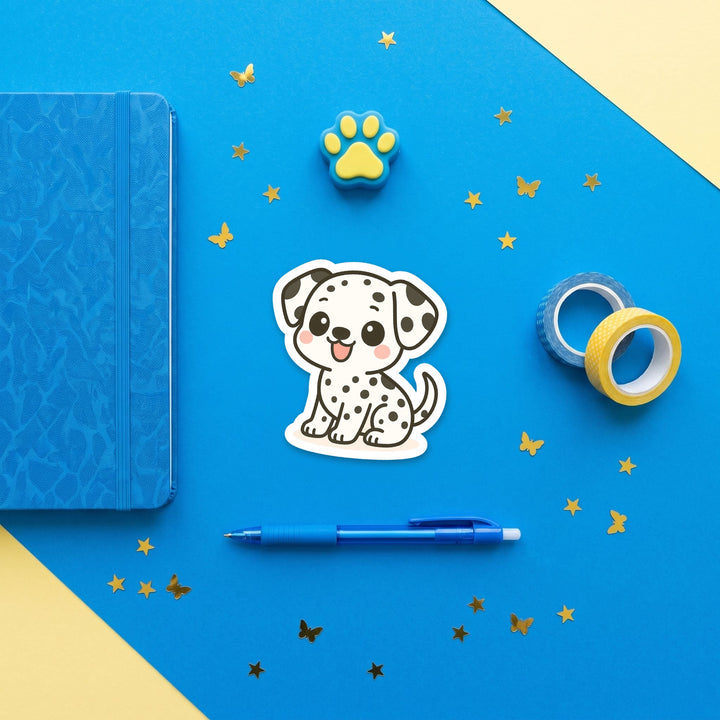 Dalmatian Black and White kawaii 3 inch sticker flat lay with blue and yellow stationery – Designs by Mysh