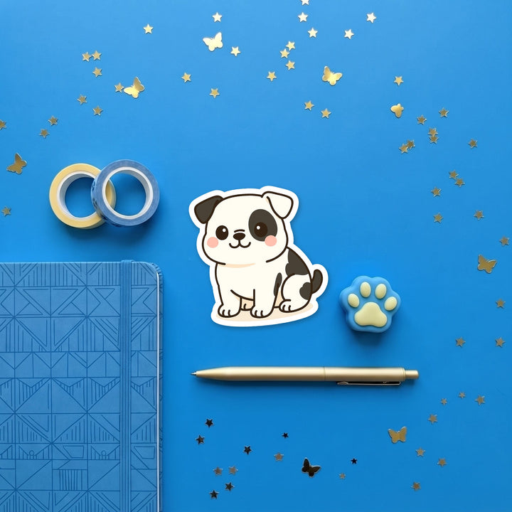 American Bulldog White with Black Markings kawaii 3 inch fridge magnet flat lay with blue and yellow stationery – Designs by Mysh