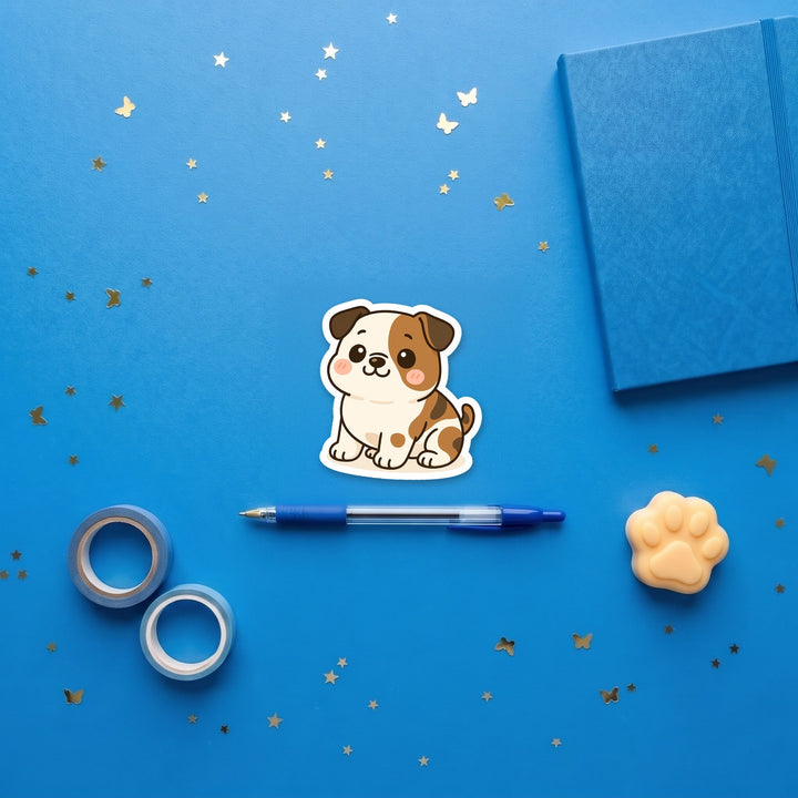American Bulldog White with Brindle Markings kawaii 3 inch fridge magnet flat lay with blue and yellow stationery – Designs by Mysh