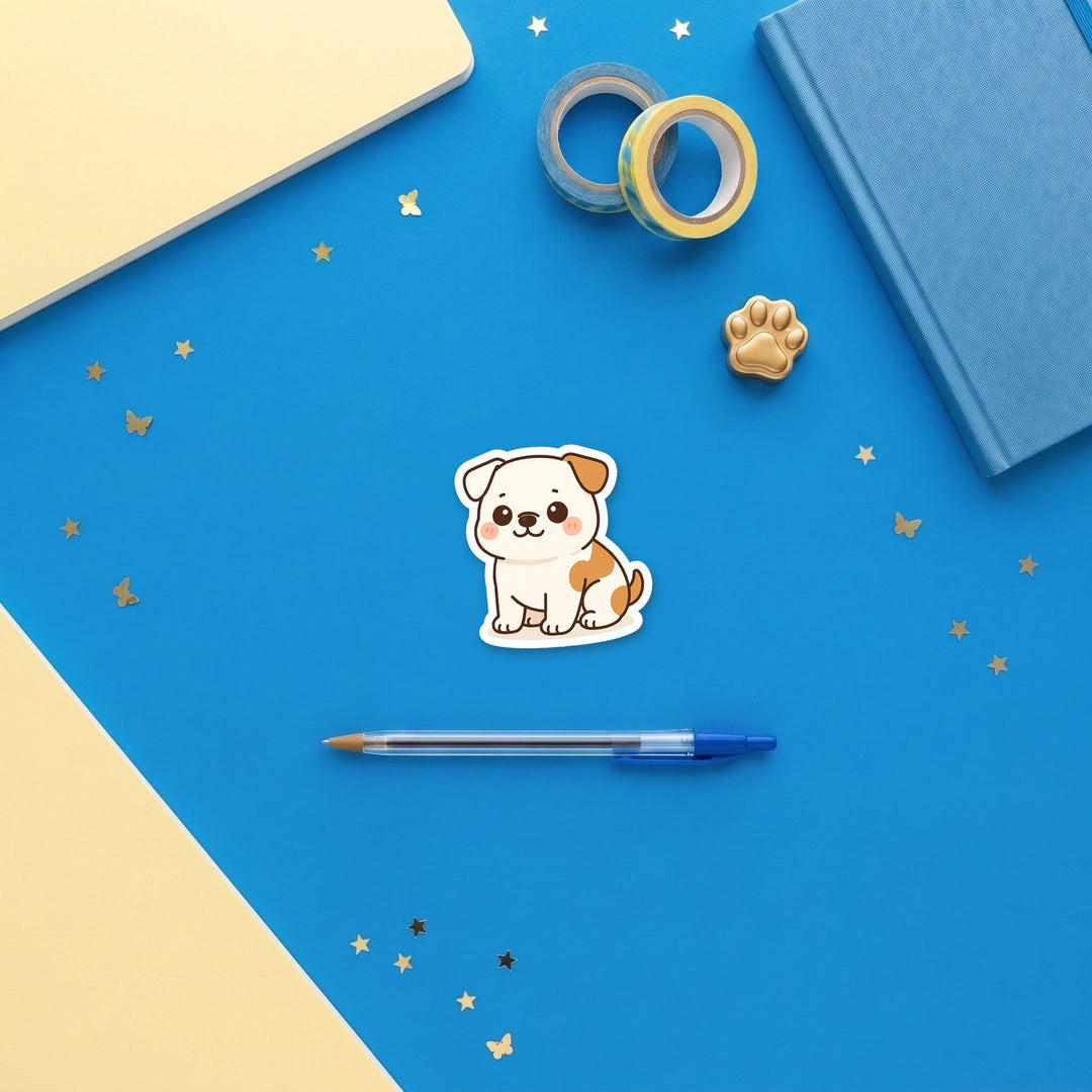 American Bulldog White with Red Markings kawaii 3 inch fridge magnet flat lay with blue and yellow stationery – Designs by Mysh