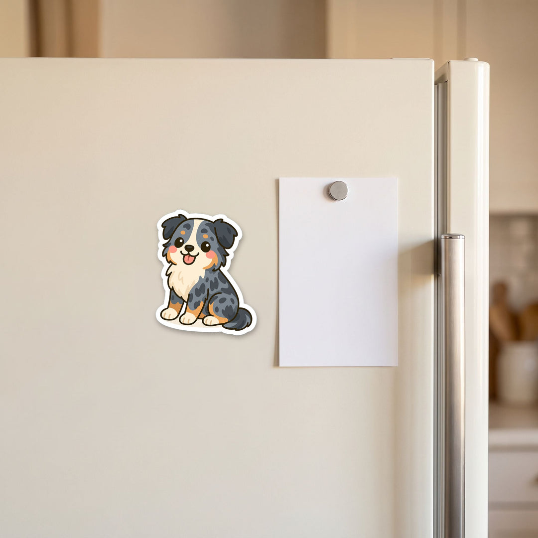 Australian Shepherd Blue Merle kawaii fridge magnet on a refrigerator door – Designs by Mysh