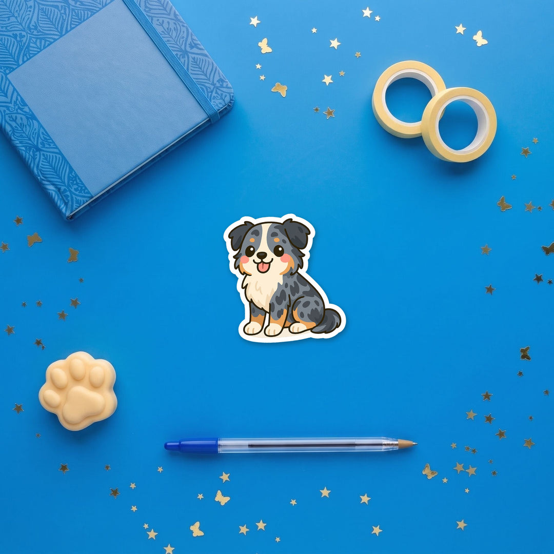 Australian Shepherd Blue Merle kawaii 3 inch fridge magnet flat lay with blue and yellow stationery – Designs by Mysh