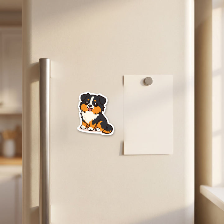 Australian Shepherd Black Tri kawaii fridge magnet on a refrigerator door – Designs by Mysh