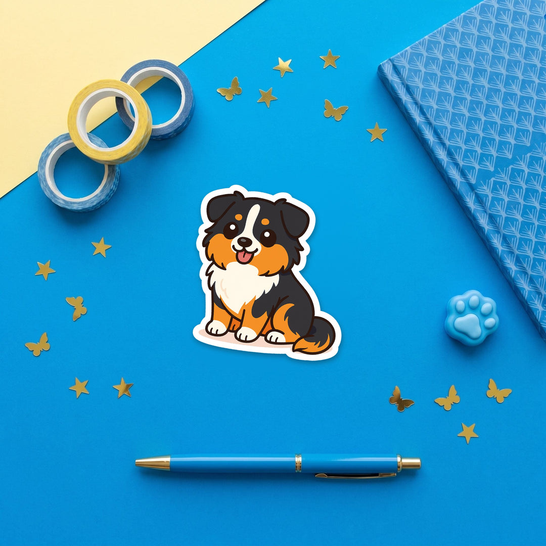 Australian Shepherd Black Tri kawaii 3 inch fridge magnet flat lay with blue and yellow stationery – Designs by Mysh