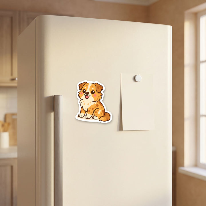 Australian Shepherd Red Merle kawaii fridge magnet on a refrigerator door – Designs by Mysh