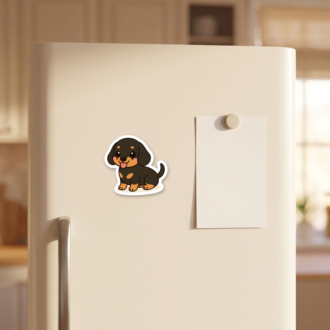 Basset Hound Black and Tan kawaii fridge magnet on a refrigerator door – Designs by Mysh