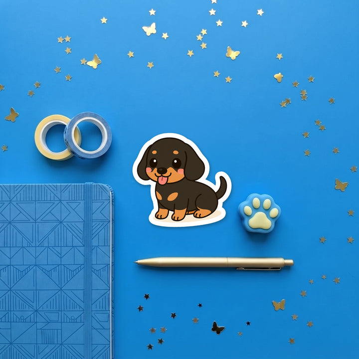 Basset Hound Black and Tan kawaii 3 inch fridge magnet flat lay with blue and yellow stationery – Designs by Mysh