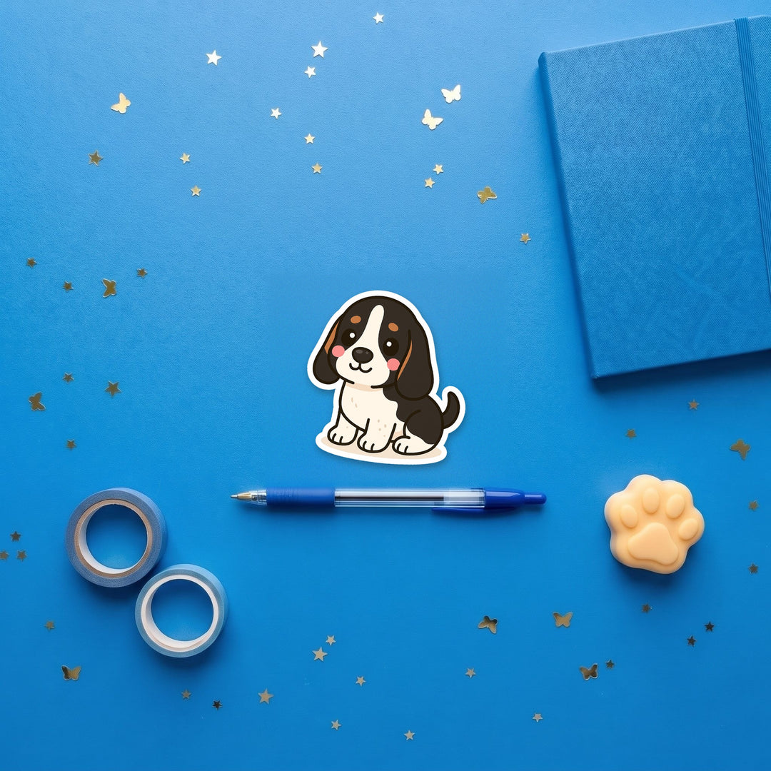 Basset Hound Black Tri kawaii 3 inch fridge magnet flat lay with blue and yellow stationery – Designs by Mysh