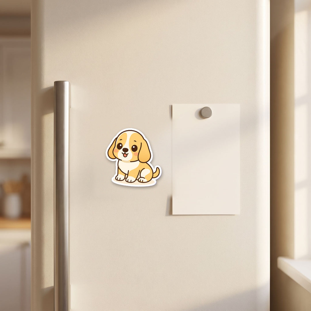 Basset Hound Lemon and White kawaii fridge magnet on a refrigerator door – Designs by Mysh