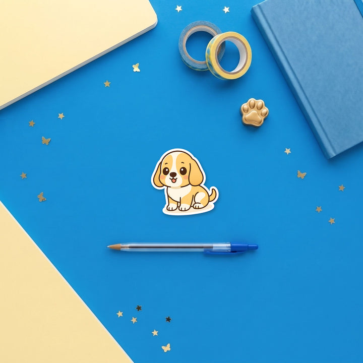 Basset Hound Lemon and White kawaii 3 inch fridge magnet flat lay with blue and yellow stationery – Designs by Mysh