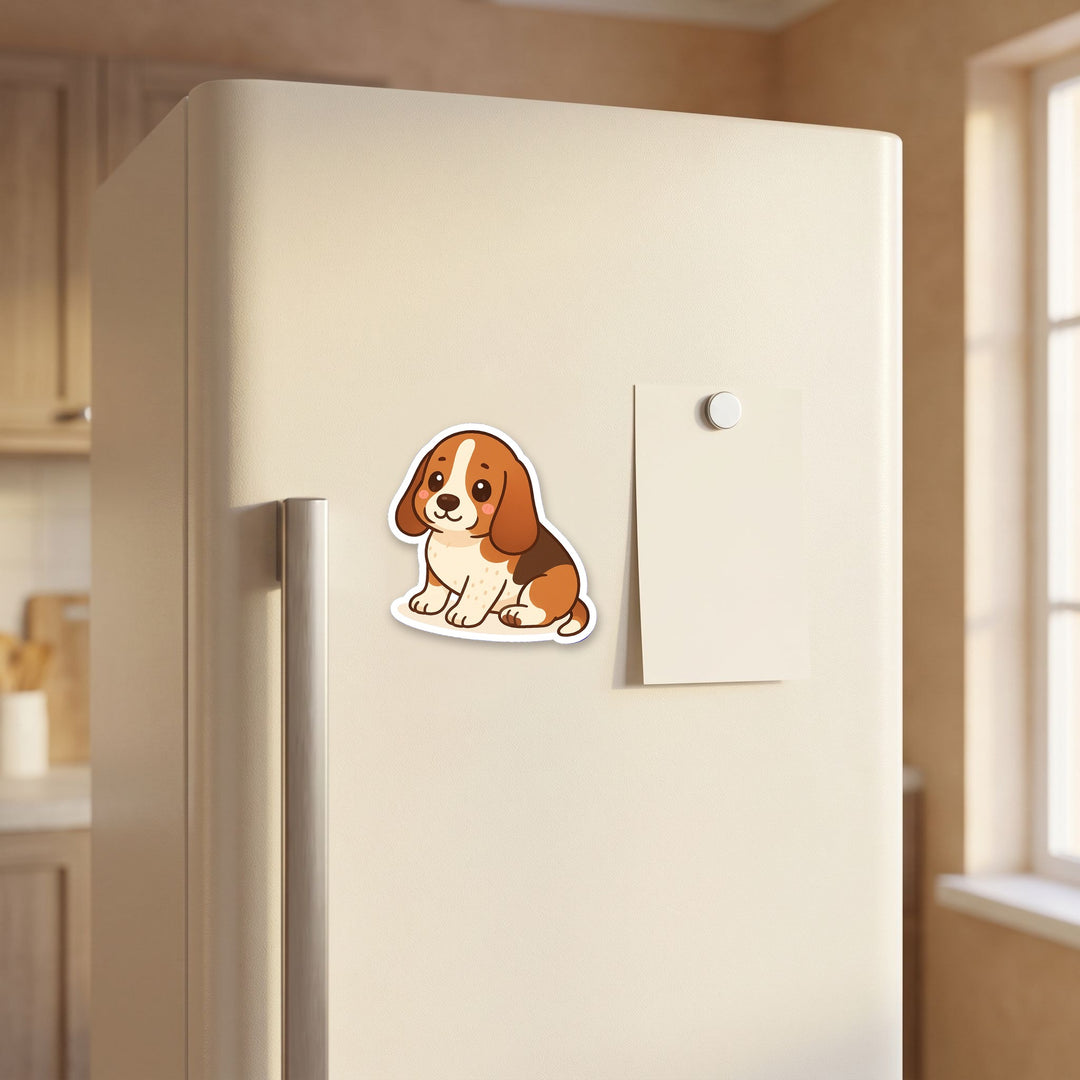 Basset Hound Mahogany and White kawaii fridge magnet on a refrigerator door – Designs by Mysh