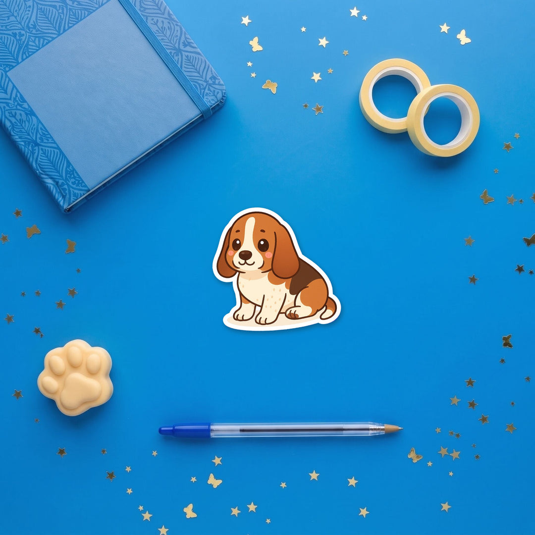 Basset Hound Mahogany and White kawaii 3 inch fridge magnet flat lay with blue and yellow stationery – Designs by Mysh