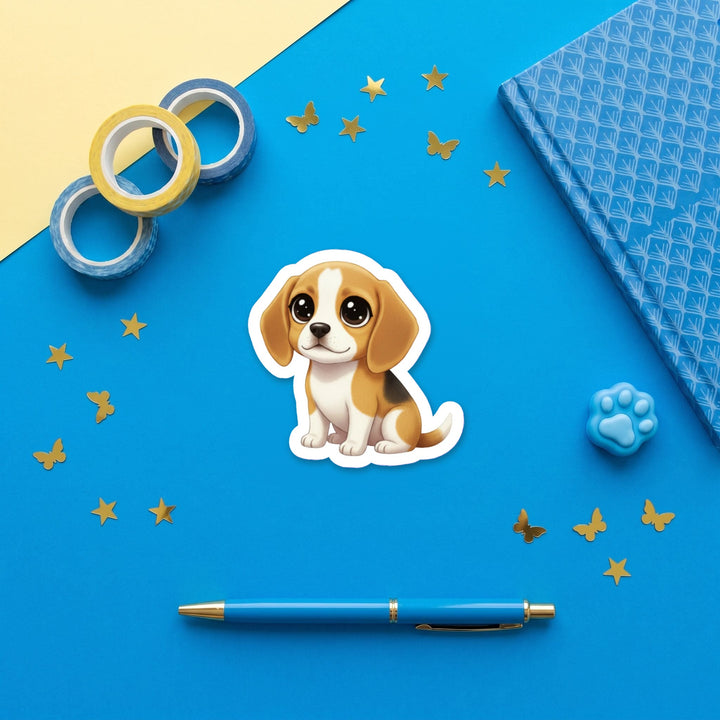 Beagle Tan and White kawaii 3 inch sticker flat lay with blue and yellow stationery – Designs by Mysh