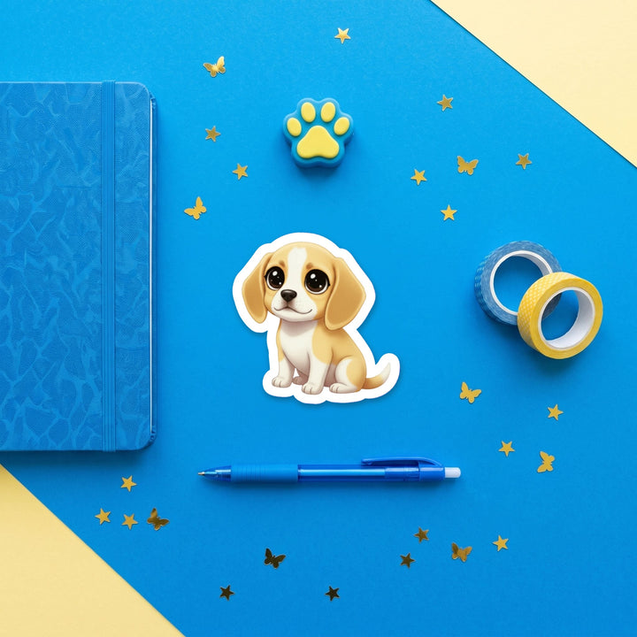Beagle Lemon and White kawaii 3 inch sticker flat lay with blue and yellow stationery – Designs by Mysh