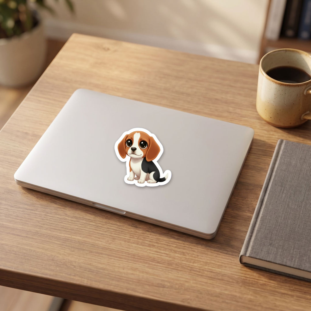 Beagle Black Red and White kawaii vinyl sticker on a laptop lid – Designs by Mysh
