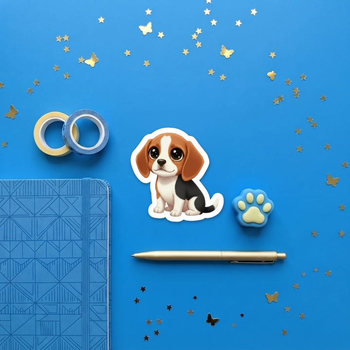 Beagle Black Red and White kawaii 3 inch sticker flat lay with blue and yellow stationery – Designs by Mysh