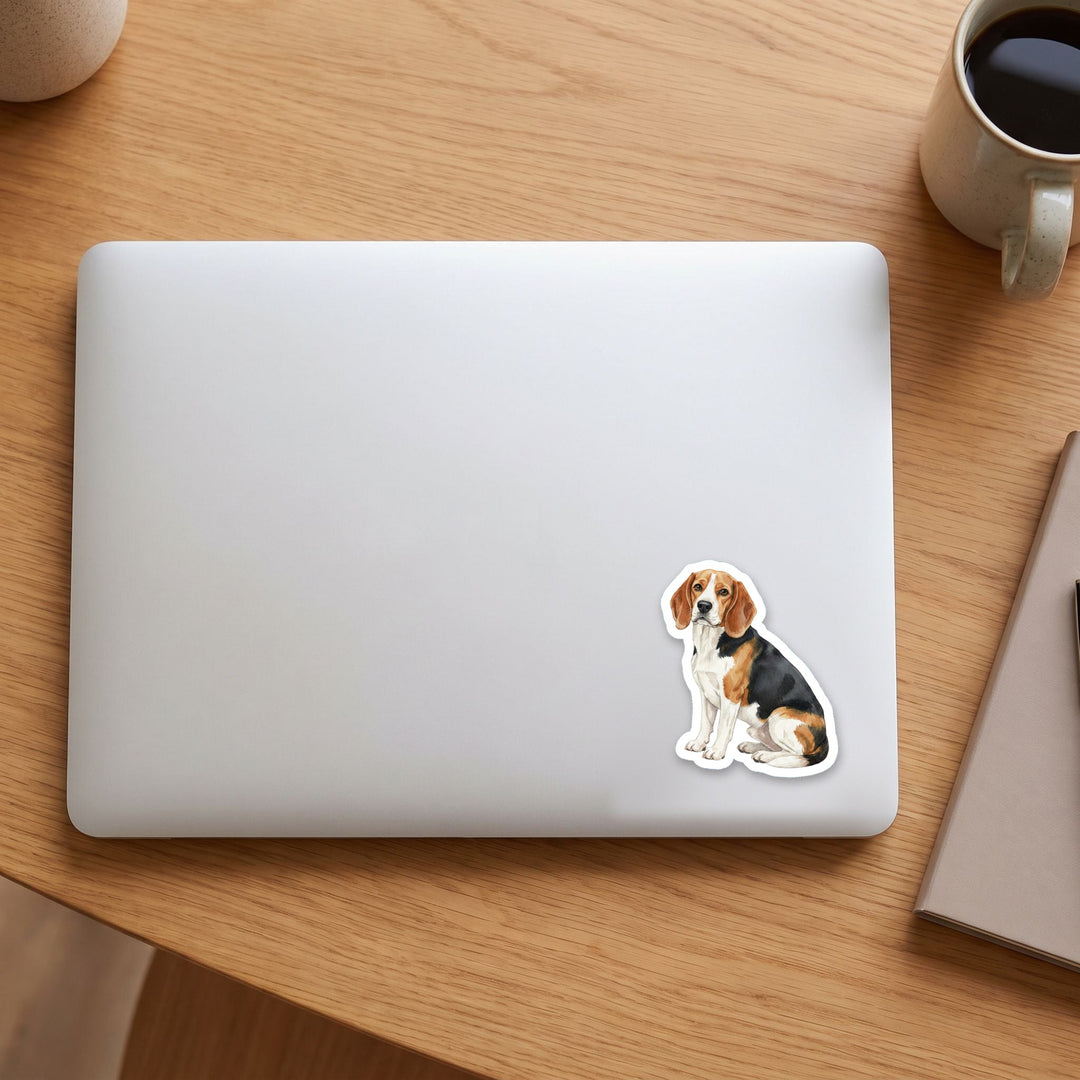 Beagle Black Red and White watercolor vinyl sticker on a laptop lid – Designs by Mysh