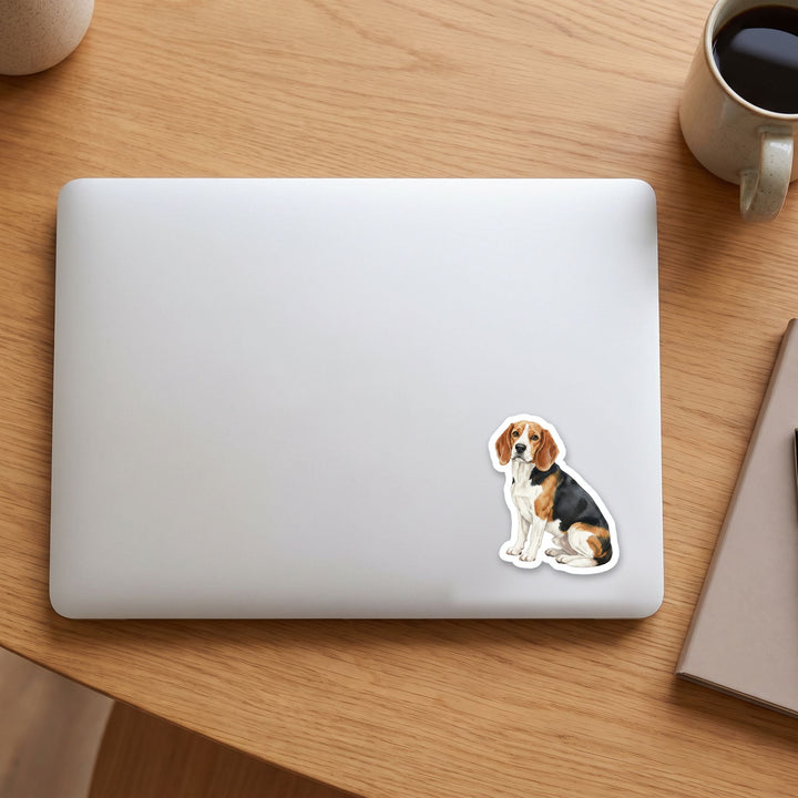Beagle Black Red and White watercolor vinyl sticker on a laptop lid – Designs by Mysh