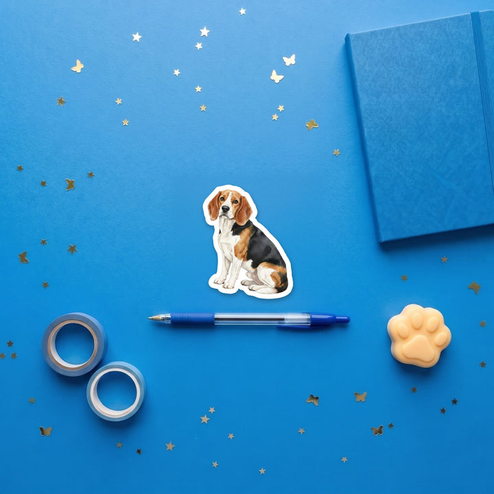 Beagle Black Red and White watercolor 3 inch sticker flat lay with blue and yellow stationery – Designs by Mysh