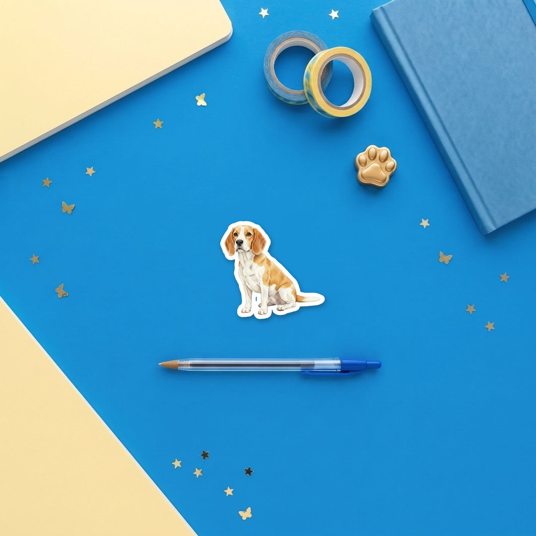 Beagle Lemon and White watercolor 3 inch sticker flat lay with blue and yellow stationery – Designs by Mysh