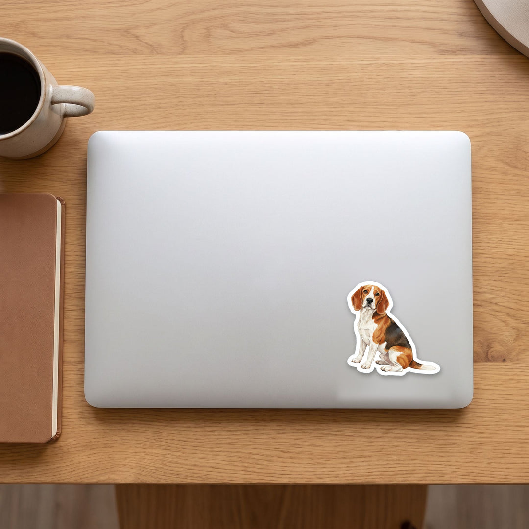 Beagle Red and White watercolor vinyl sticker on a laptop lid – Designs by Mysh