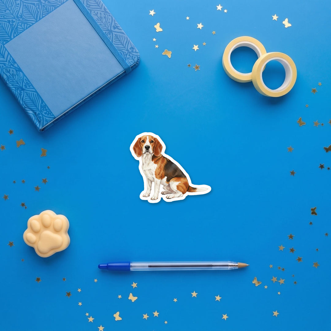 Beagle Red and White watercolor 3 inch sticker flat lay with blue and yellow stationery – Designs by Mysh