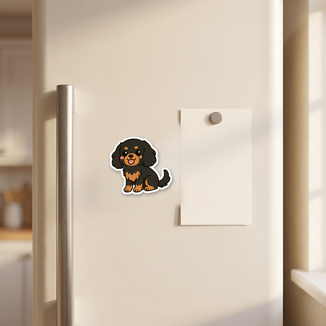 Cavalier King Charles Spaniel Black and Tan kawaii fridge magnet on a refrigerator door – Designs by Mysh