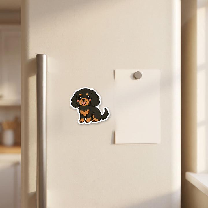 Cavalier King Charles Spaniel Black and Tan kawaii fridge magnet on a refrigerator door – Designs by Mysh