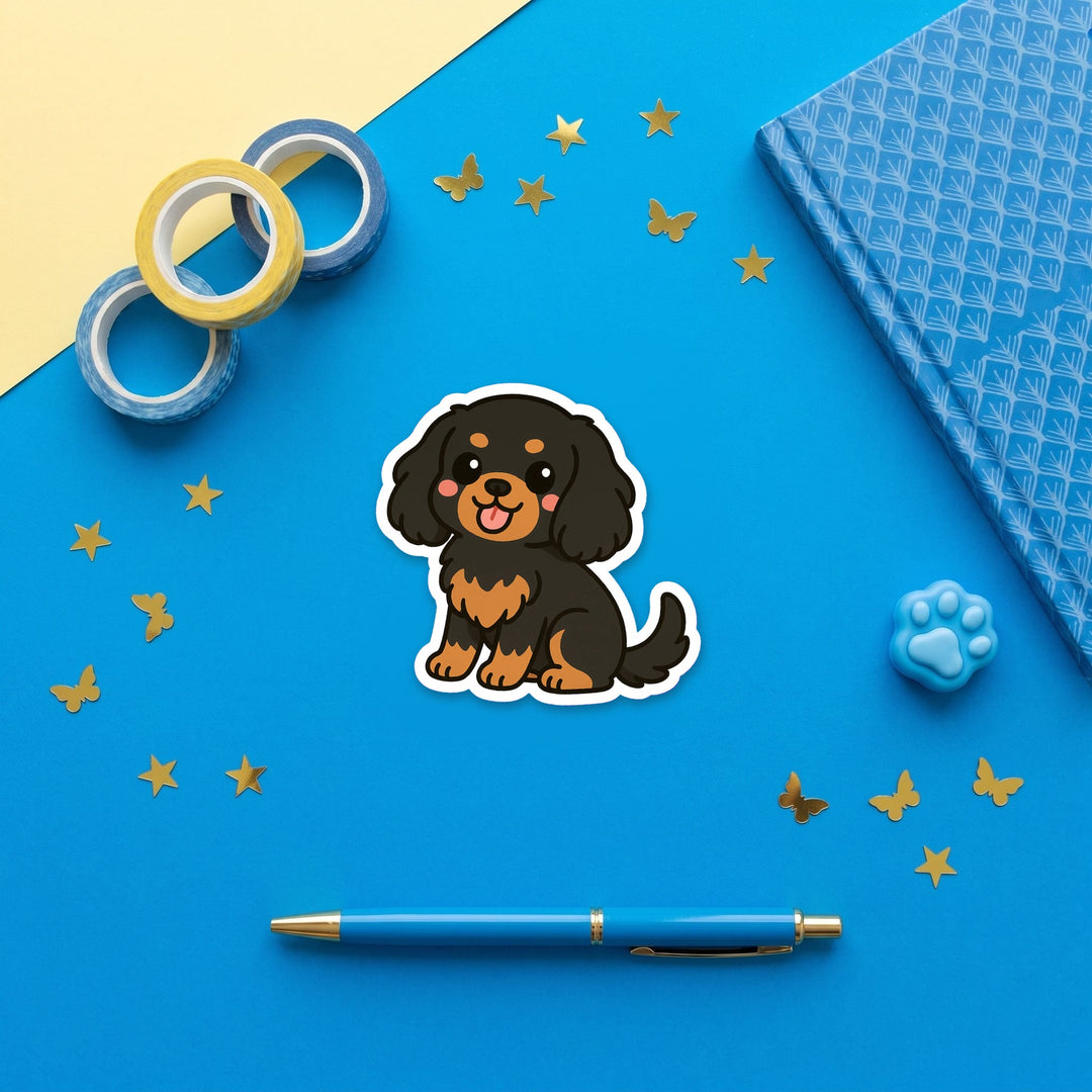 Cavalier King Charles Spaniel Black and Tan kawaii 3 inch fridge magnet flat lay with blue and yellow stationery – Designs by Mysh