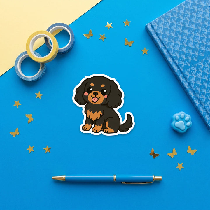 Cavalier King Charles Spaniel Black and Tan kawaii 3 inch fridge magnet flat lay with blue and yellow stationery – Designs by Mysh