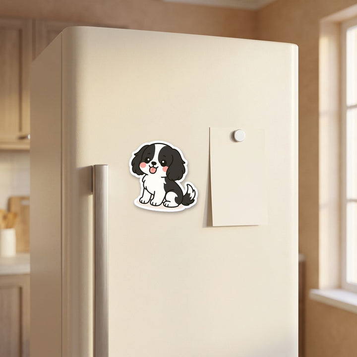 Cavalier King Charles Spaniel Black and White kawaii fridge magnet on a refrigerator door – Designs by Mysh