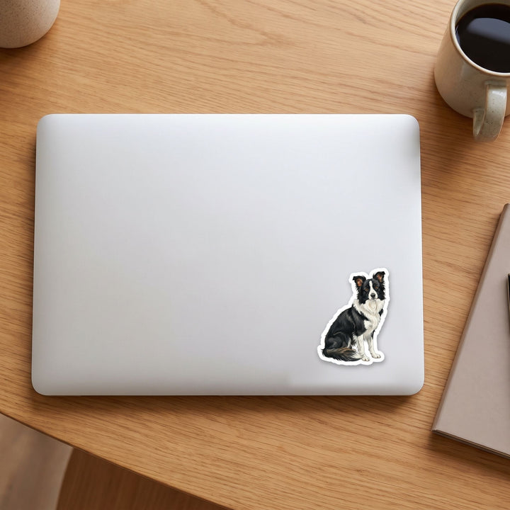Border Collie Black and White watercolor vinyl sticker on a laptop lid – Designs by Mysh