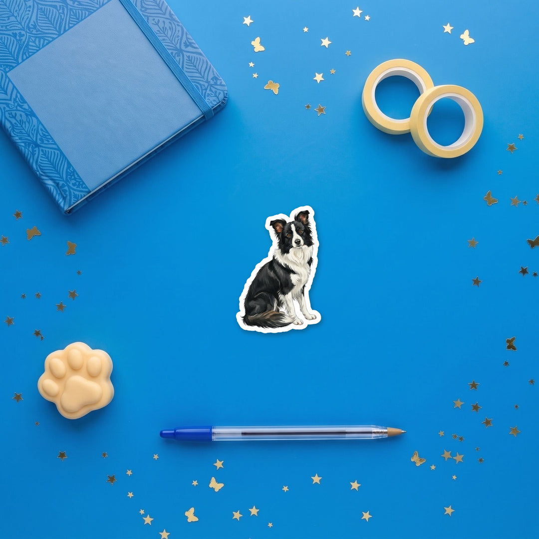 Border Collie Black and White watercolor 3 inch sticker flat lay with blue and yellow stationery – Designs by Mysh