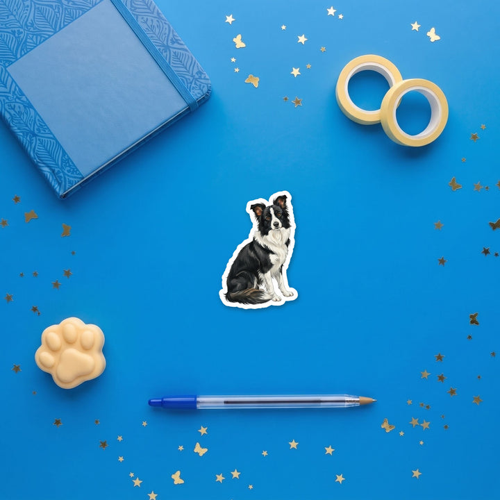 Border Collie Black and White watercolor 3 inch sticker flat lay with blue and yellow stationery – Designs by Mysh