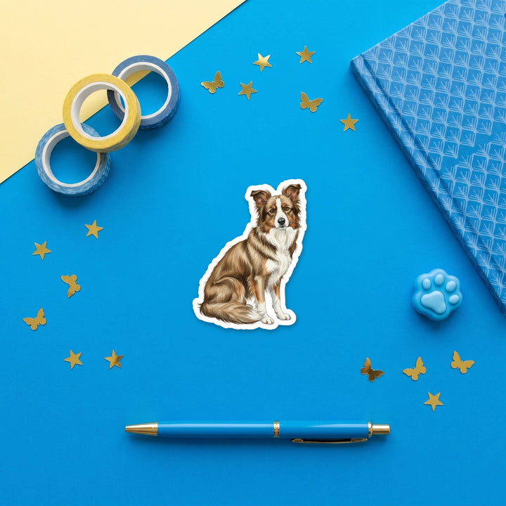 Border Collie Sable watercolor 3 inch sticker flat lay with blue and yellow stationery – Designs by Mysh