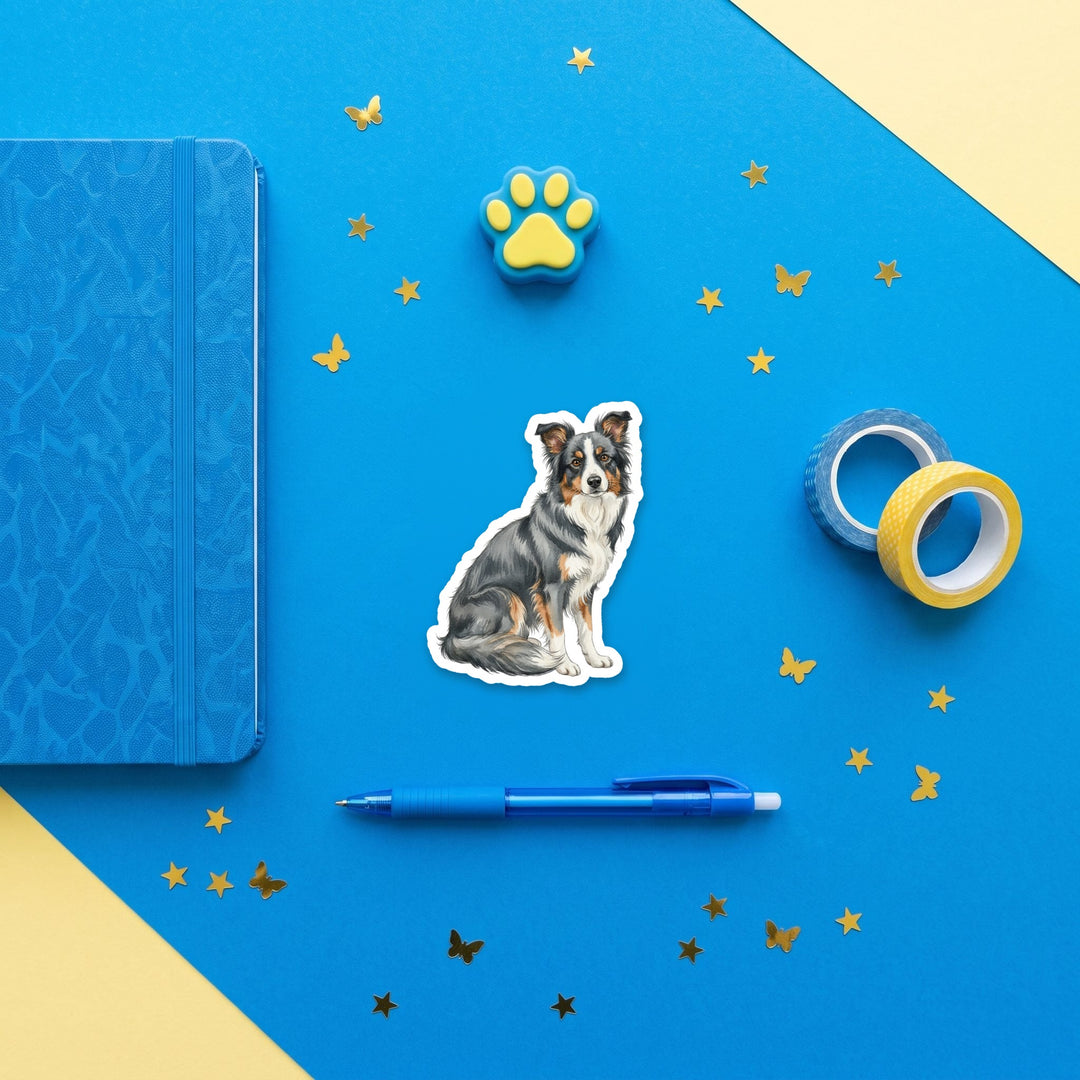 Border Collie Blue watercolor 3 inch sticker flat lay with blue and yellow stationery – Designs by Mysh