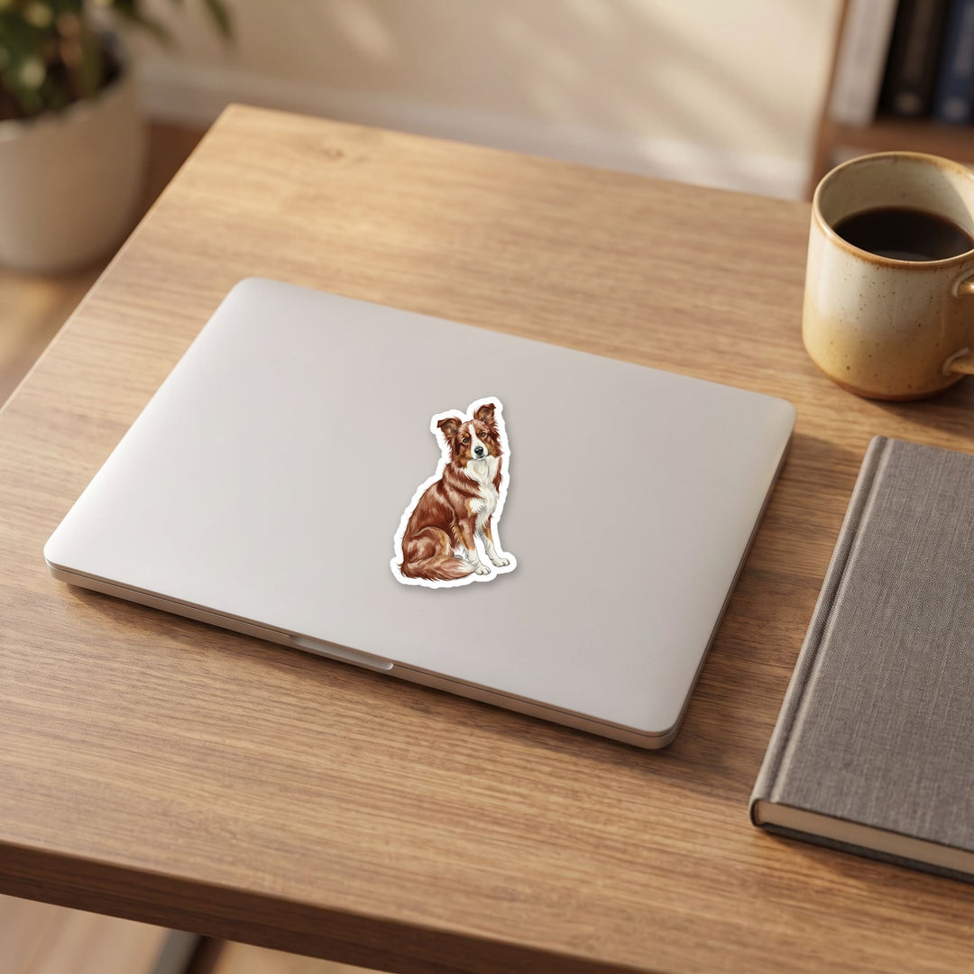 Border Collie Red watercolor vinyl sticker on a laptop lid – Designs by Mysh