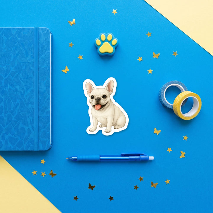 French Bulldog White watercolor 3 inch sticker flat lay with blue and yellow stationery – Designs by Mysh