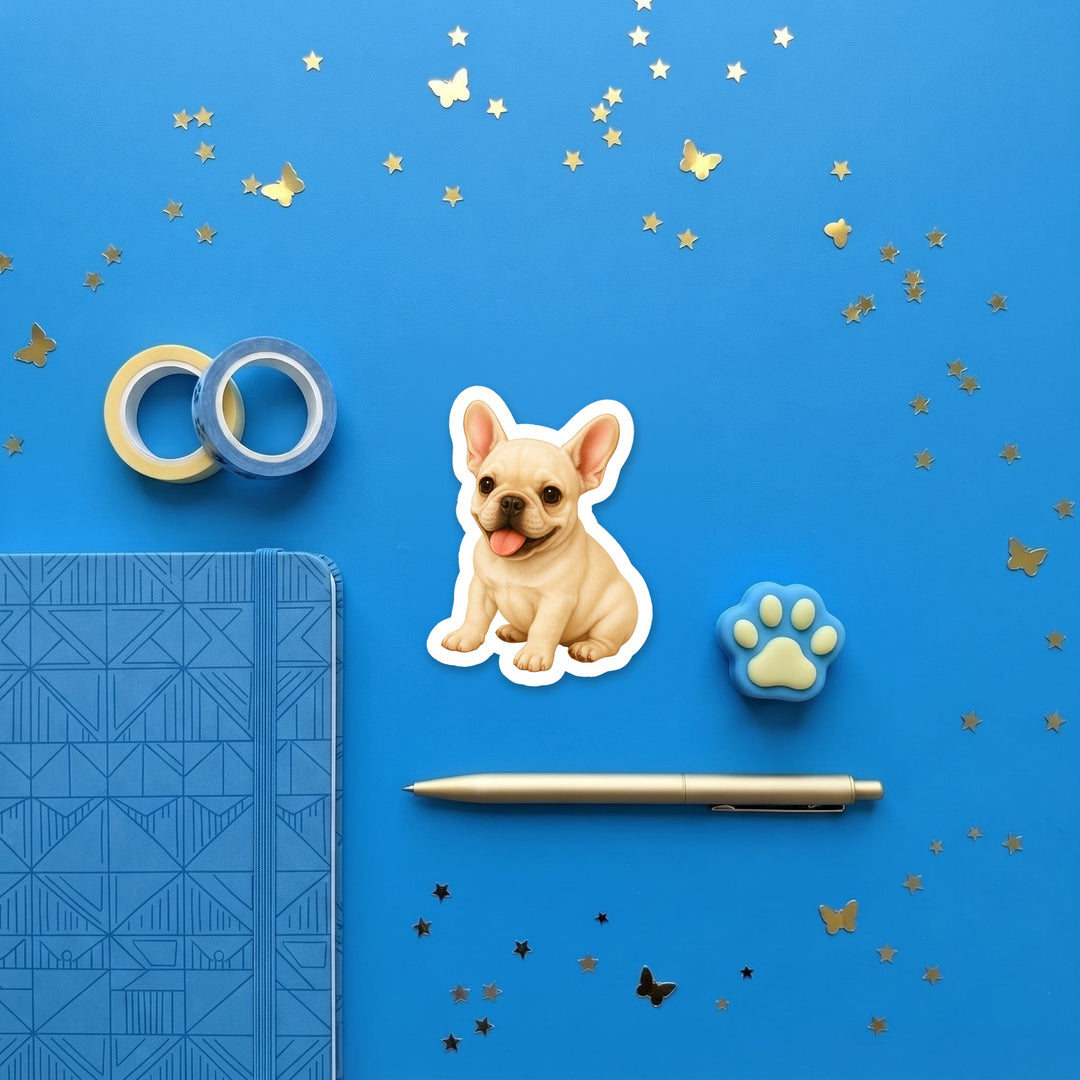 French Bulldog Cream watercolor 3 inch sticker flat lay with blue and yellow stationery – Designs by Mysh