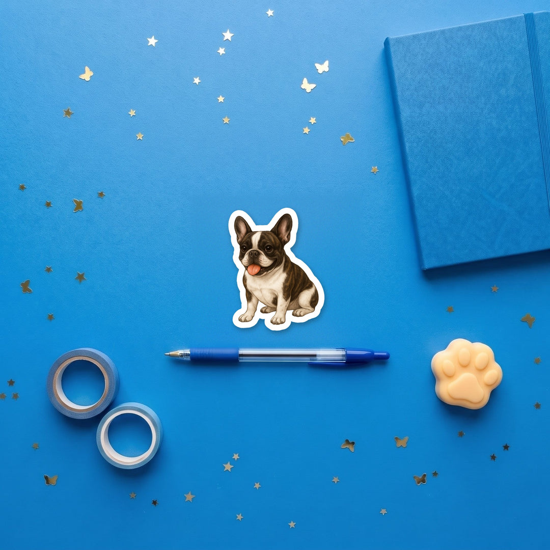 French Bulldog White and Brindle watercolor 3 inch sticker flat lay with blue and yellow stationery – Designs by Mysh