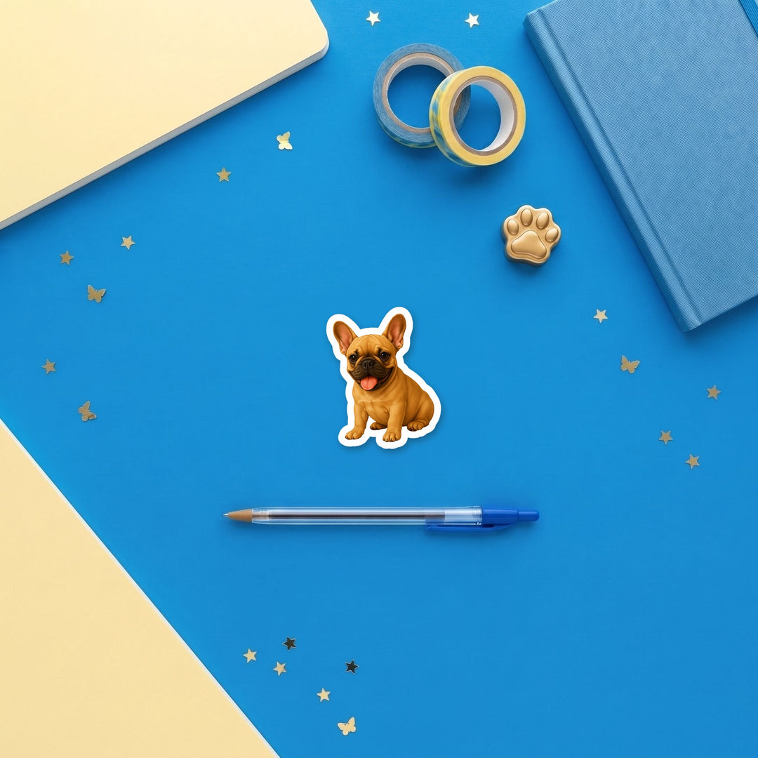 French Bulldog Fawn watercolor 3 inch sticker flat lay with blue and yellow stationery – Designs by Mysh