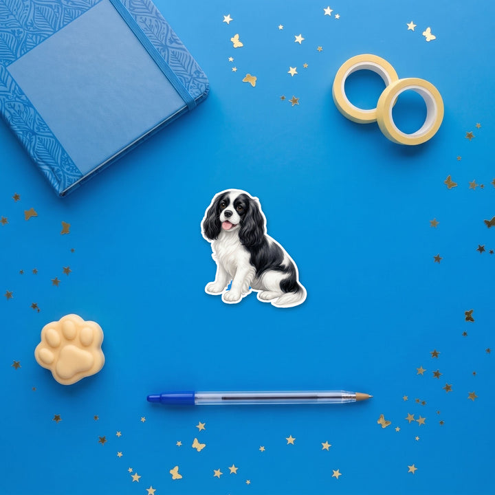 Cavalier King Charles Black and White watercolor 3 inch sticker flat lay with blue and yellow stationery – Designs by Mysh