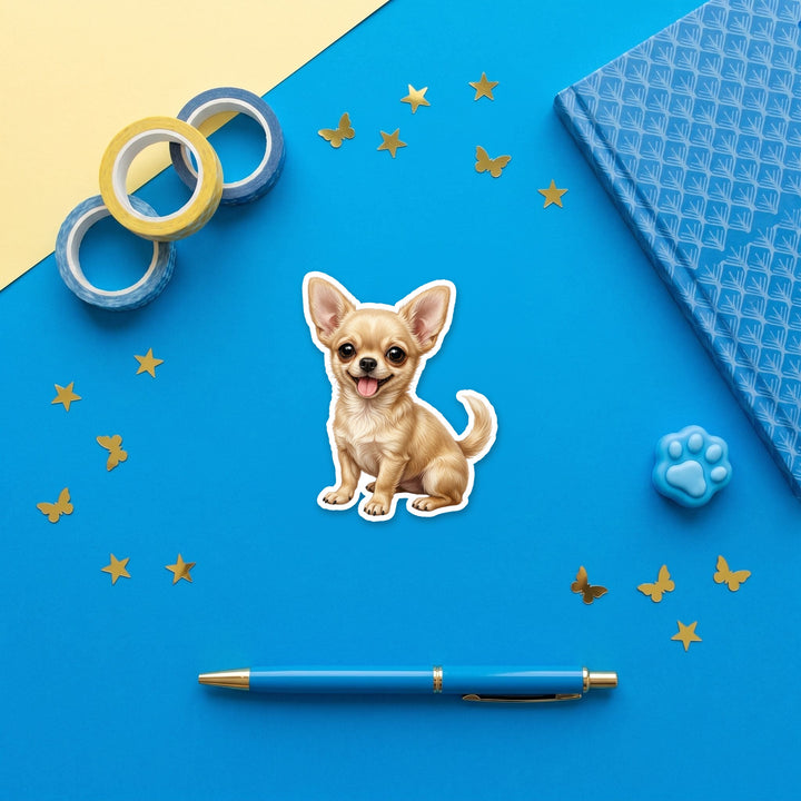 Chihuahua Cream watercolor 3 inch sticker flat lay with blue and yellow stationery – Designs by Mysh