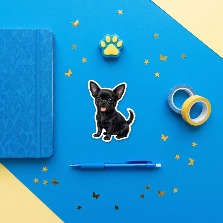 Chihuahua Black watercolor 3 inch sticker flat lay with blue and yellow stationery – Designs by Mysh