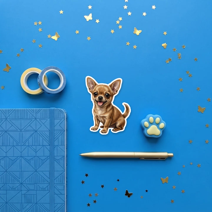 Chihuahua Fawn watercolor 3 inch sticker flat lay with blue and yellow stationery – Designs by Mysh